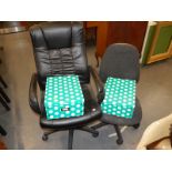 Two modern leatherette office chairs and various turquoise spotted filing boxes, (a quantity).