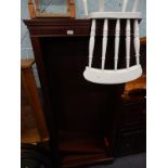 A mahogany open bookcase with adjustable shelves, a painted kitchen chair and a stool, (3).