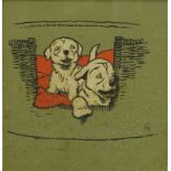 After Cecil Aldin. Two puppies in a basket, coloured lithographic print, 21.5cm x 20.5cm.