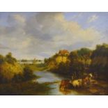 19thC British School. River landscape with sailing boats, cottage and cattle watering, oil on