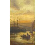 W. Tucker (19thC/20thC). Harbour scene with figures in rowing boat and masted ships, oil on