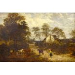 Thomas Henri Thomas (1839-1915). Cattle watering by country lane, oil on canvas, signed, 49.5cm x