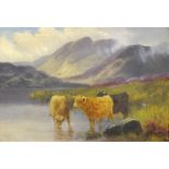 19thC British School. Cattle at waters edge, oil on canvas, 23.5cm x 34cm.