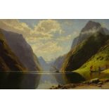 Elisabeth Grattefien-Kiekebusch (1871-?). Sognefjord, Norway, oil on board, signed, 76cm x 117.5cm.