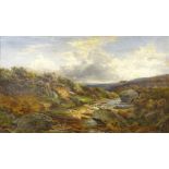 19thC British School. Moorland river scenes, oil on canvas - pair, monogrammed, 29cm x 49cm.