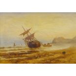 J. Edmonds (?)(19thC). Masted fishing boat in low tide, oil on canvas, indistinctly signed, 40cm x