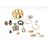 Silver and costume jewellery, including earrings and cuff links, gilt metal bangle, marcasite