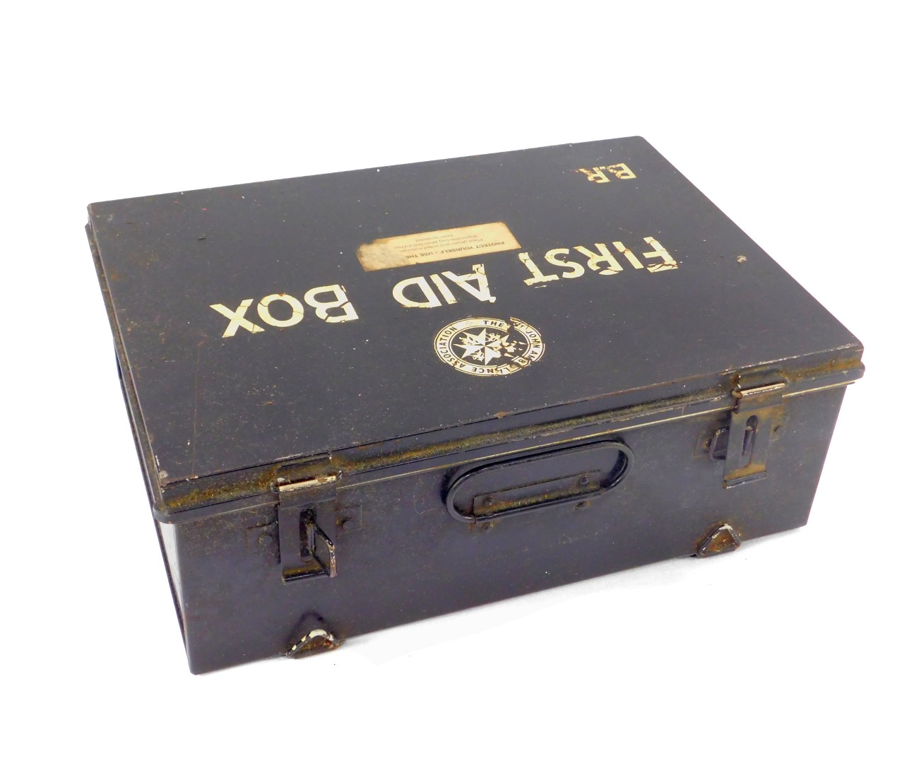 A British Rail and St John Ambulance Association First Aid box, the hinged black metal tin opening