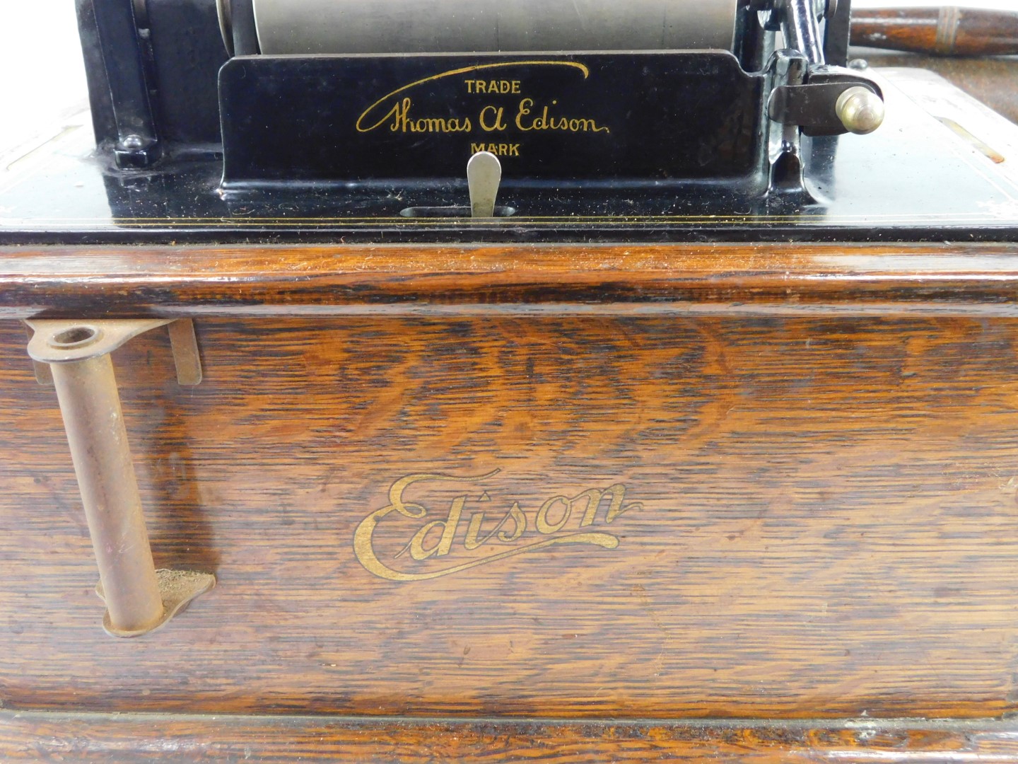 An Edison Standard Phonograph, oak cased, No 634943, with a tin trumpet. - Image 3 of 4