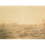 W Stewart Collie (British, early 20thC). Naval squadron at full steam with sailing yacht, etching,