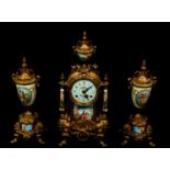 An ornate French style clock garniture set, of three pieces, comprising an 18thC style brass cased