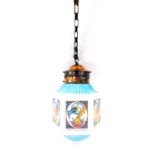 A 1920's frosted and coloured glass hanging pendant lantern light, of hexagonal form, with panels of