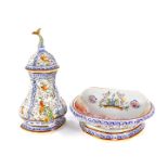 A Portuguese maiolica three piece wall mounted water font, with a demi lune vase and cover, with