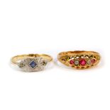 A 9ct gold ruby and seed pearl five stone ring, size P, together with a 9ct gold sapphire and