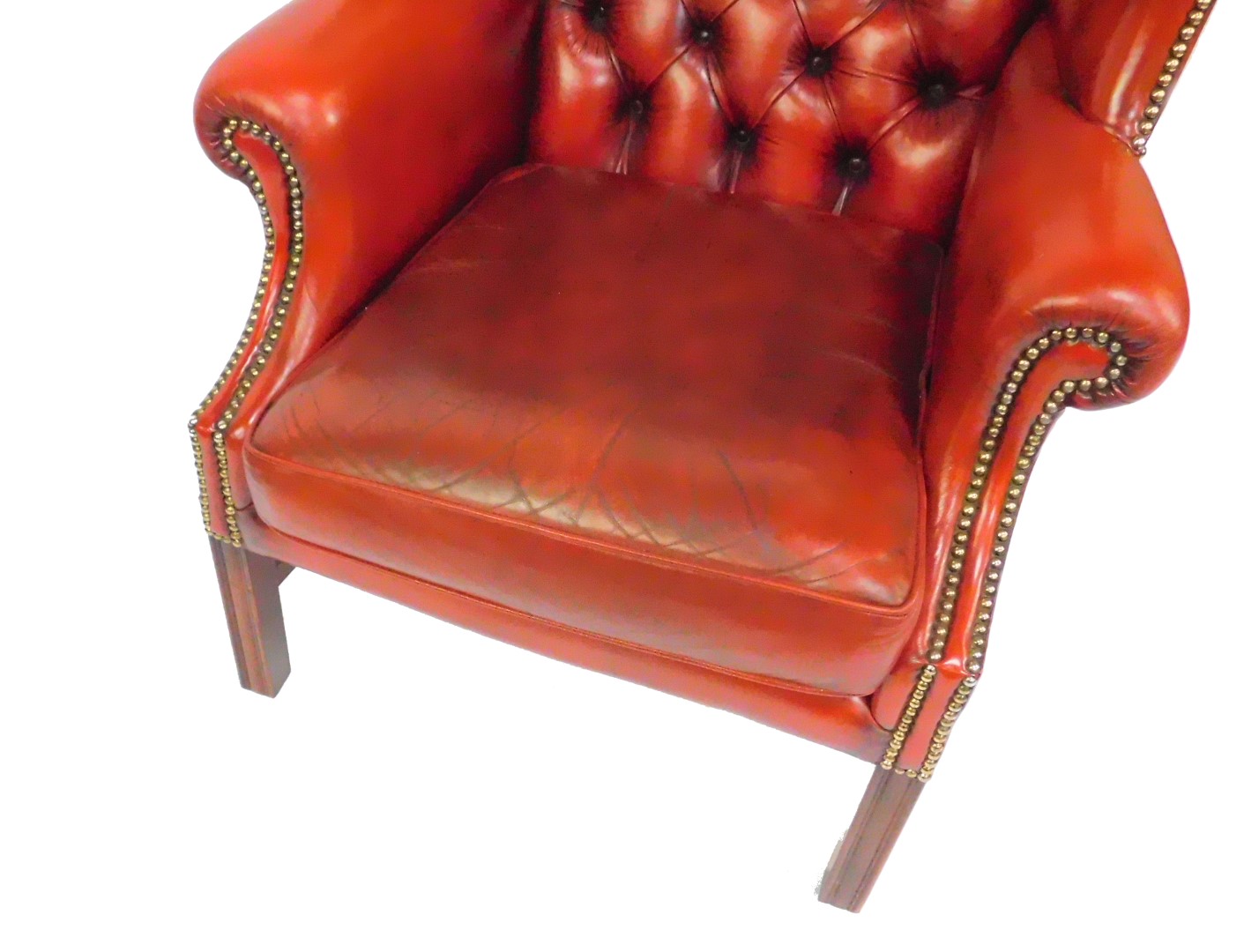 An oak framed red leather button back wing armchair, with loose cushion seat, and brass stud work, - Image 3 of 3