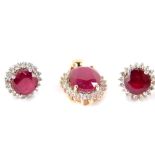 A 9ct gold Madagascar ruby and zircon pendant, ruby 8.05cts, 1.81g gold, and a pair of silver