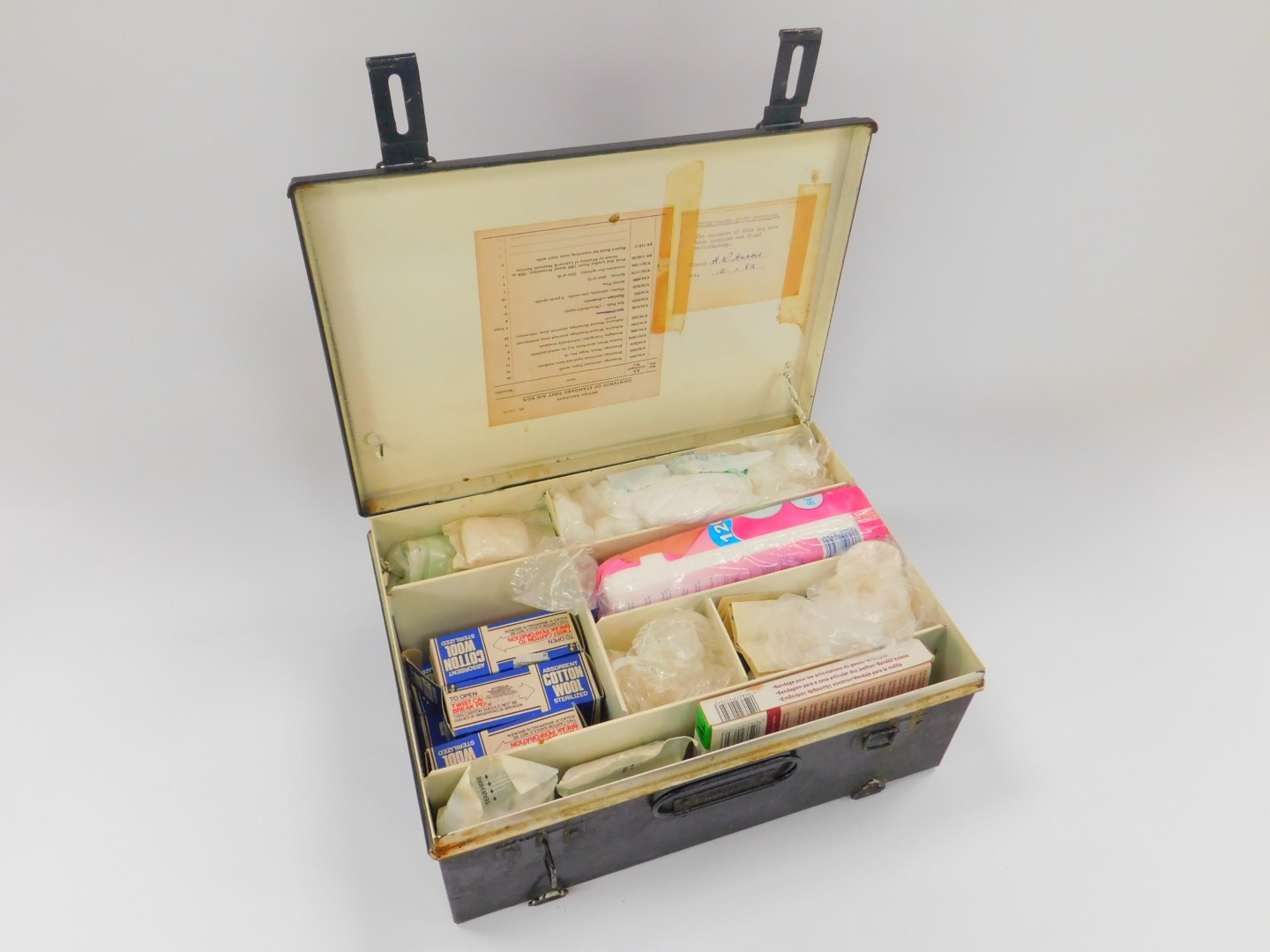 A British Rail and St John Ambulance Association First Aid box, the hinged black metal tin opening - Image 2 of 2