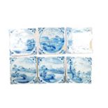 Six 18thC Dutch deltware tiles, decorated with figures fishing, looking through a telescope, and