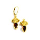 A pair of 18ct gold and gem set earrings, one hook suspension lacking, 7.6g.