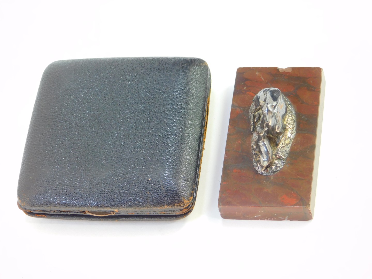 A Victorian paperweight cast as a recumbent doe and fawn, white metal, on a rectangular red marble - Image 2 of 5
