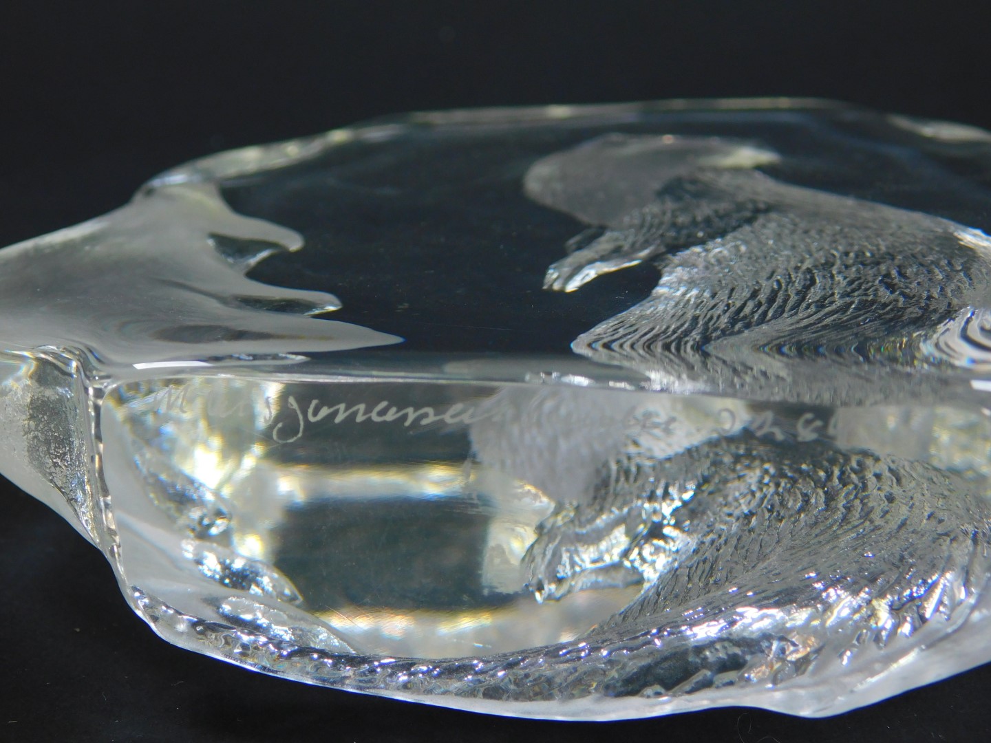 A Mats Jonasson intaglio glass sculpture carved as an otter, etched mark, 16cm high, another - Image 2 of 2
