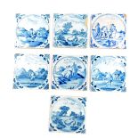 Six 18thC Dutch delftware tiles, decorated with figures in the fields, fisherman, and a goat on a