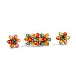 A silver and multicoloured sapphire, flowerhead ring, size N/O, a pair of matching earrings, 9.66