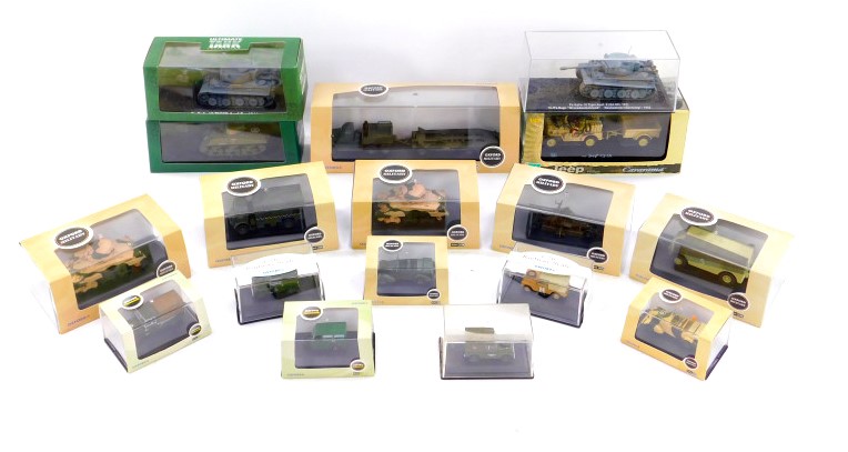 Oxford and Atlas die cast models of military tanks and vehicles, including an M4 Sherman, VI Tiger