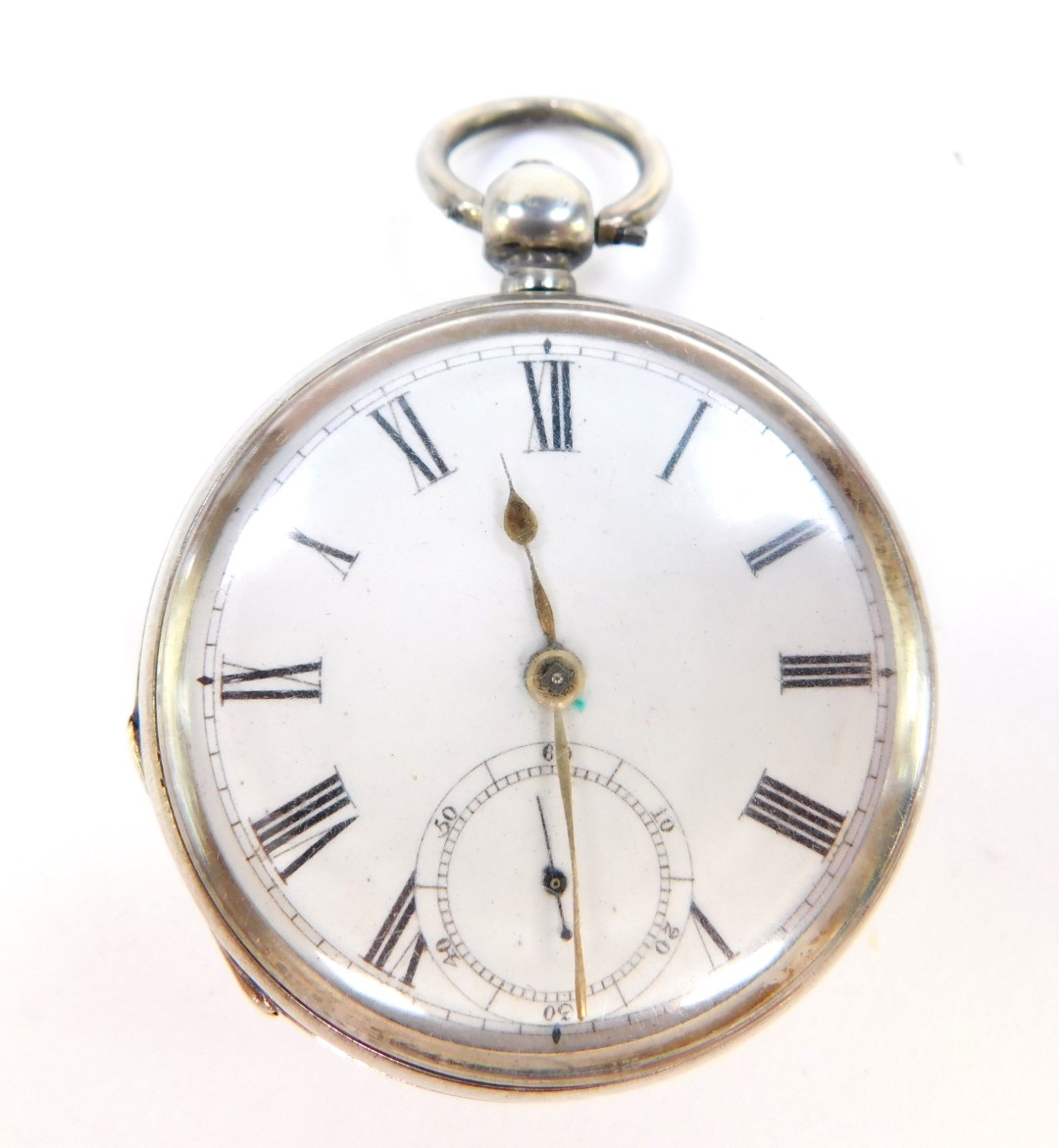 A Victorian gentleman's silver cased pocket watch, open faced, key wind, enamel dial bearing Roman