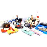 Assorted toys and die cast models, etc., including police motorcycles and riders, two radio