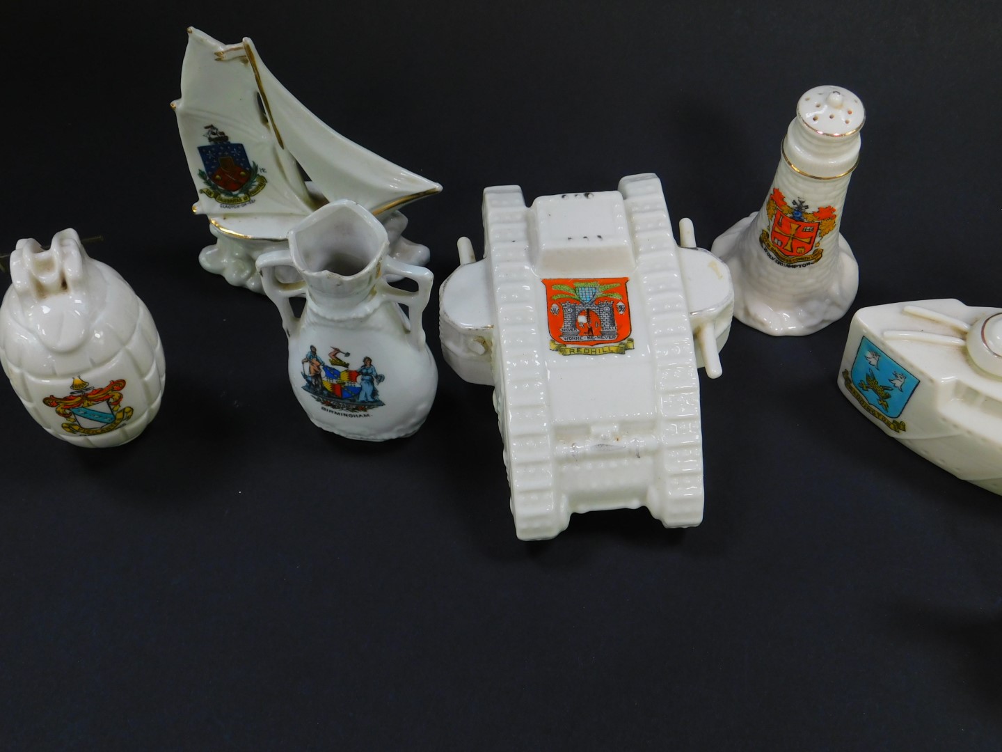 Crested china, comprising a Grafton battleship, Arms of Paddington., WWI tank, Arms of Redhill., - Image 2 of 2