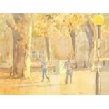 William Thomas (British, 20thC). Figures walking under autumnal trees, watercolour, signed, 20.5cm
