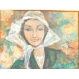 Honor (20thC). Head and shoulders portrait of a lady in a white hat, oil on canvas, board, signed,