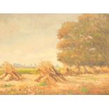 Germany School (20thC). Landscape with haystacks, oil on board, signed, 48.5cm high, 58cm wide.