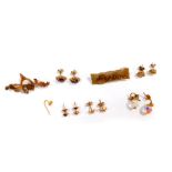 Five pairs of 9ct gold and gem set earrings, Victorian yellow metal horseshoe bar brooch, and a