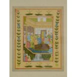 An Indian painting on silk, depicting figures seated on a terrace and in surrounding garden,