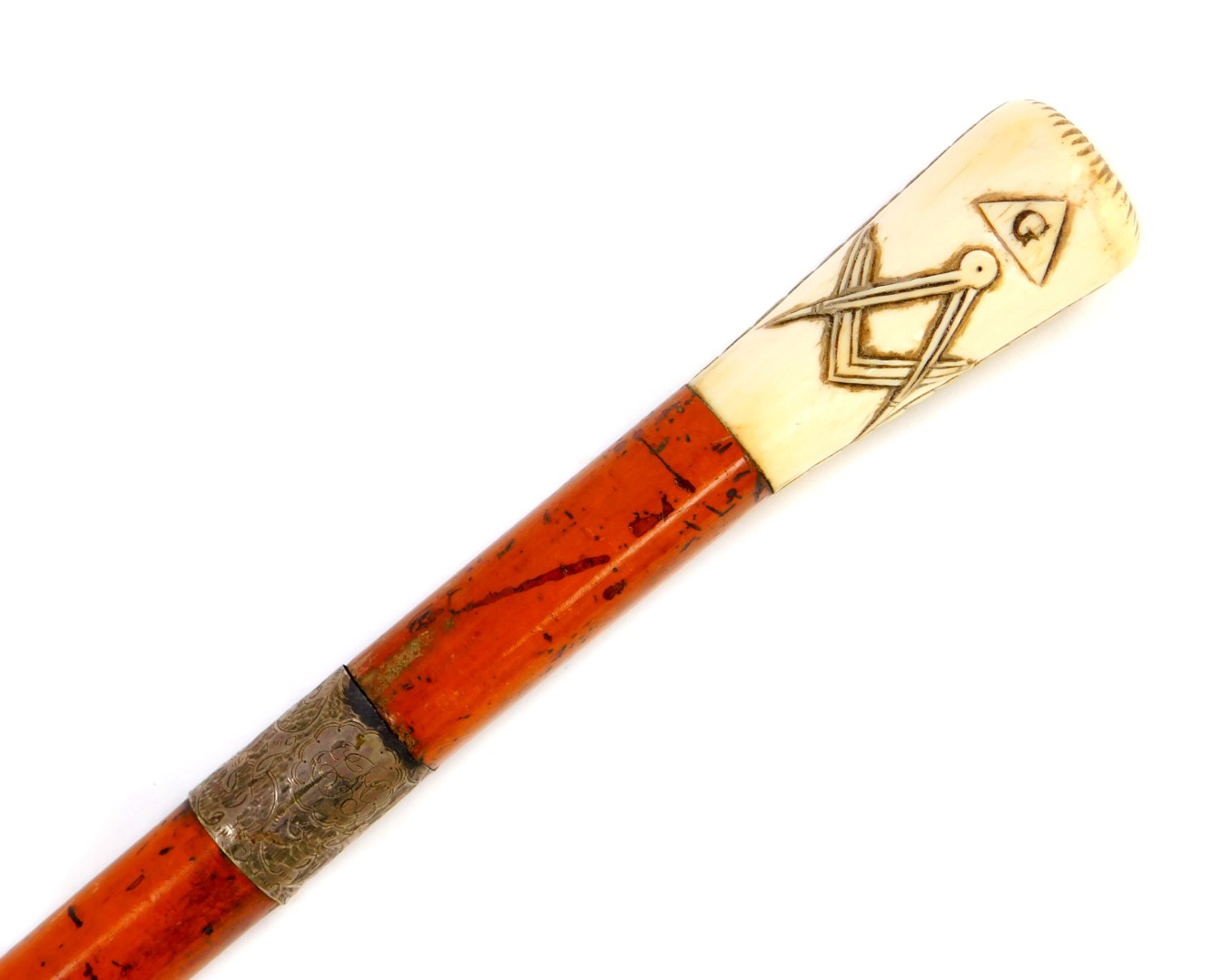 A Victorian Masonic malacca sword stick, with ivory handle, carved with the all seeing eye, dove,