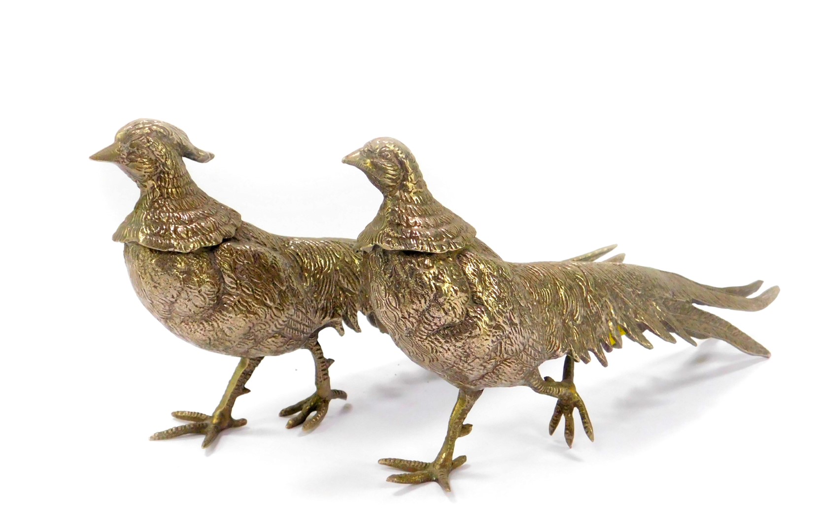 A pair of silver plated menu holders cast as pheasants, 27.5cm and 31cm long.