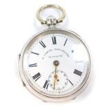 A gentleman's silver cased pocket watch, open faced, key wind, circular enamel dial bearing Roman