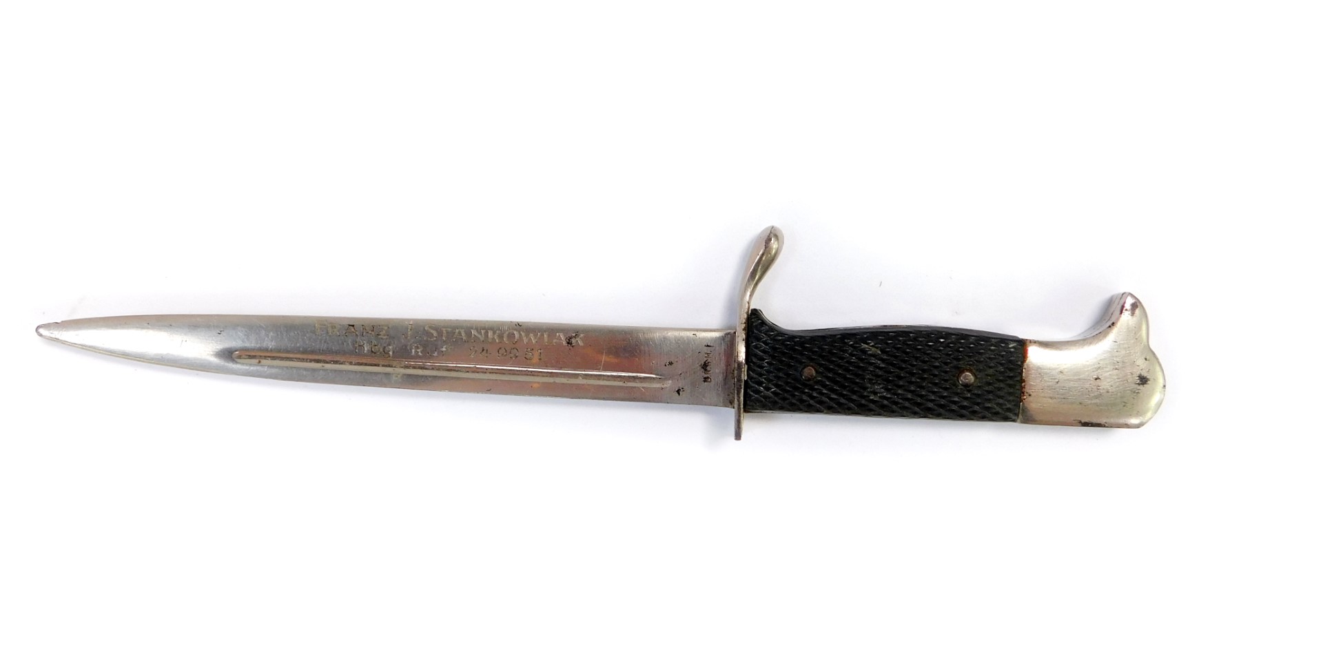 A German WWII miniature dress dagger, scabbard lacking, engraved for Franz J. Stankowiak, H B G.