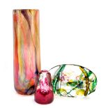 An Isle of Wight glass cylindrical vase, decorated with streaks of red purple and yellow, 27.5cm