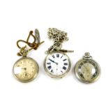 A Swiss gentleman's silver plated pocket watch, open faced, key wind, enamel dial bearing Roman