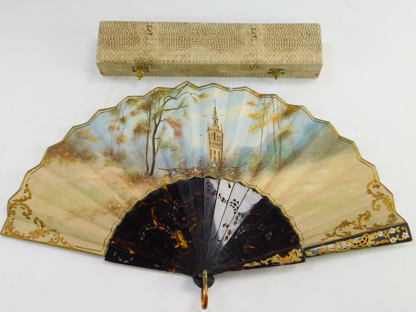 A Spanish 19thC silk and tortoiseshell fan, monogrammed LGC, painted with figures dancing with - Image 2 of 4