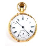 A lady's 18ct gold cased pocket watch, open faced, keyless wind, enamel dial bearing Roman numerals,