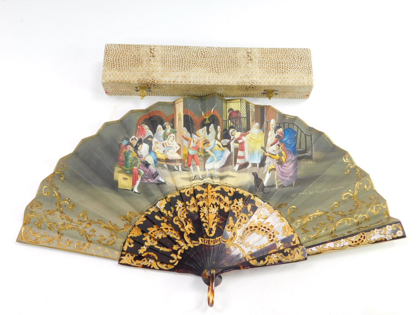 A Spanish 19thC silk and tortoiseshell fan, monogrammed LGC, painted with figures dancing with