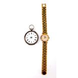 A Longines lady's gold plated circular cased wristwatch, with a plain pearlescent dial, on a