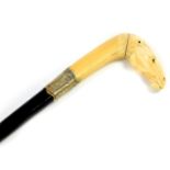 An ebony walking stick, with marine ivory handle, carved as a horse's head, silver ferrule, foliate