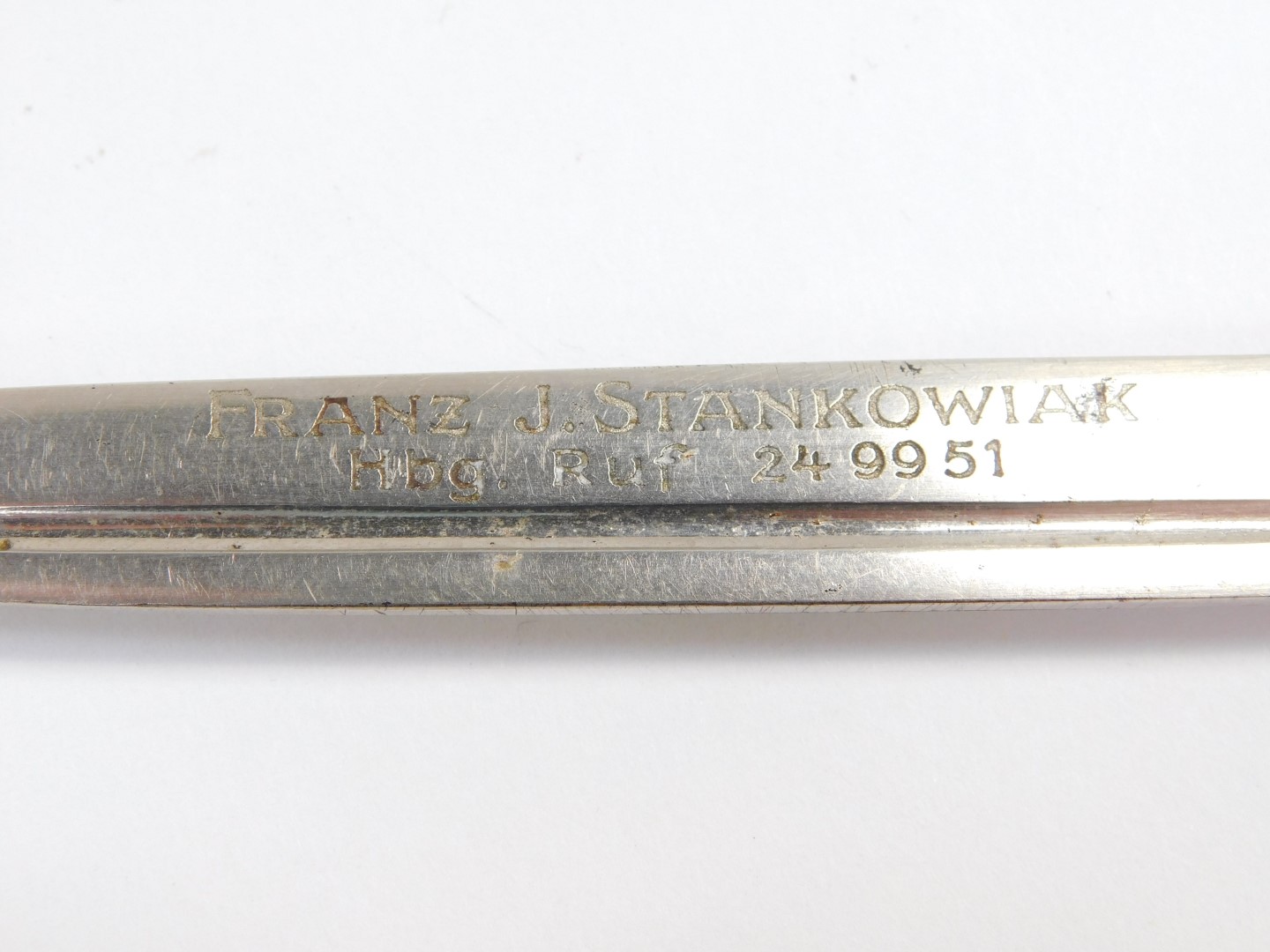 A German WWII miniature dress dagger, scabbard lacking, engraved for Franz J. Stankowiak, H B G. - Image 3 of 4