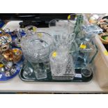 Cut and pressed glassware, including cut glass fruit bowls, a lemonade jug, decanted and stopper,