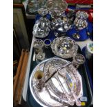 Plated wares, including a circular salver, butter dish and cover, rose bowl, teapot, condiments,